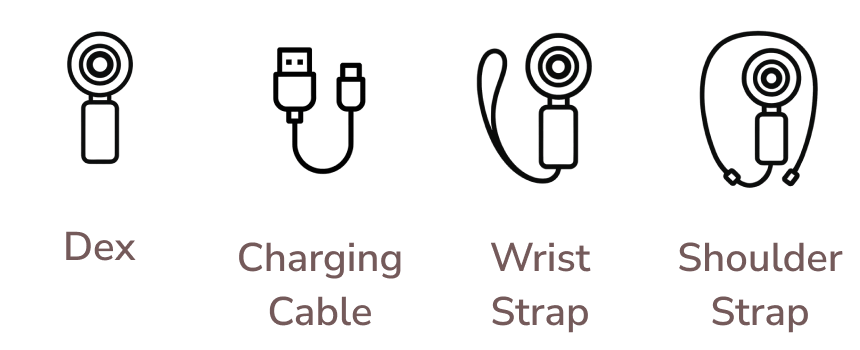 Dex, charging cable, wrist strap, shoulder strap